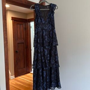 Lulus Navy Blue Jacquard Tiered Midi Dress